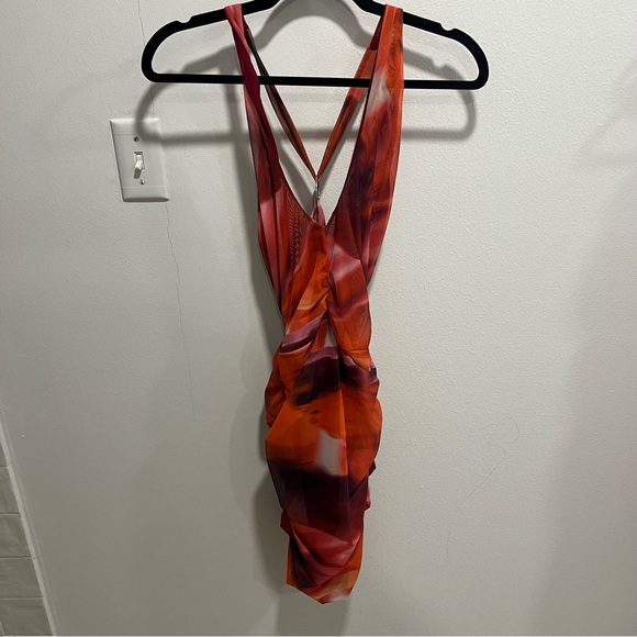 OhPolly CROSSOVER RUCHED MESH MINI DRESS IN ORANGE - Picture 4 of 4